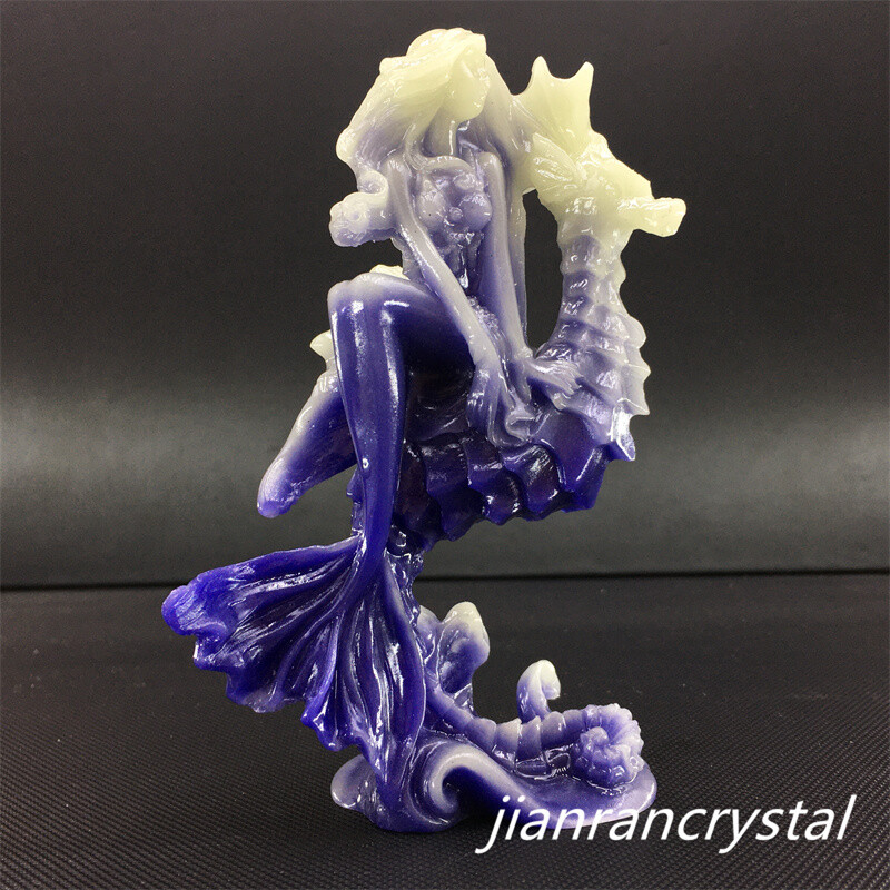 4″ Blue Luminous Stone Gift Carved Mermaid Model Skull Reiki Healing 1pc