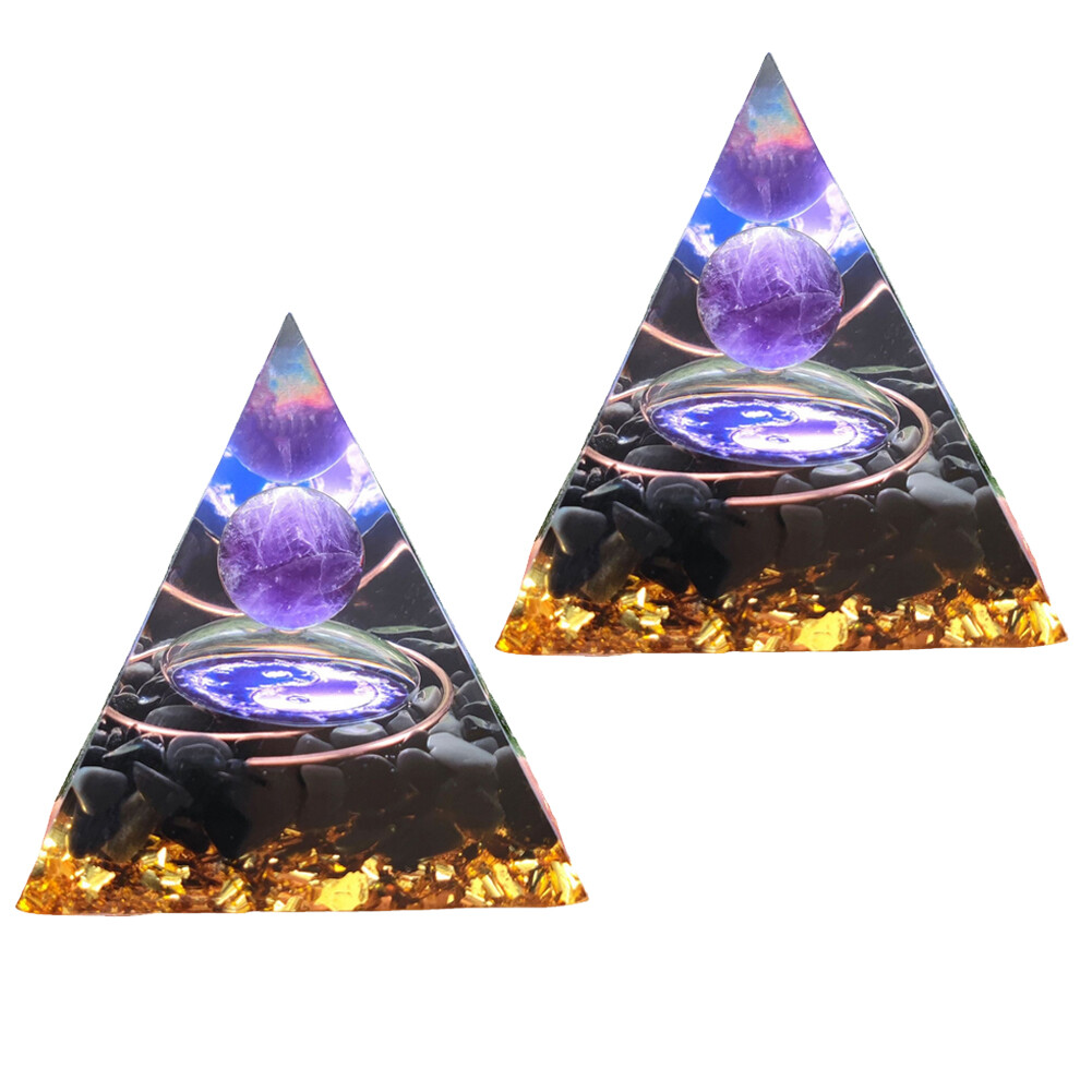 2PC Amethyst Crystal Sphere Orgonite Pyramid Obsidian Chakra Energy Orgone stone