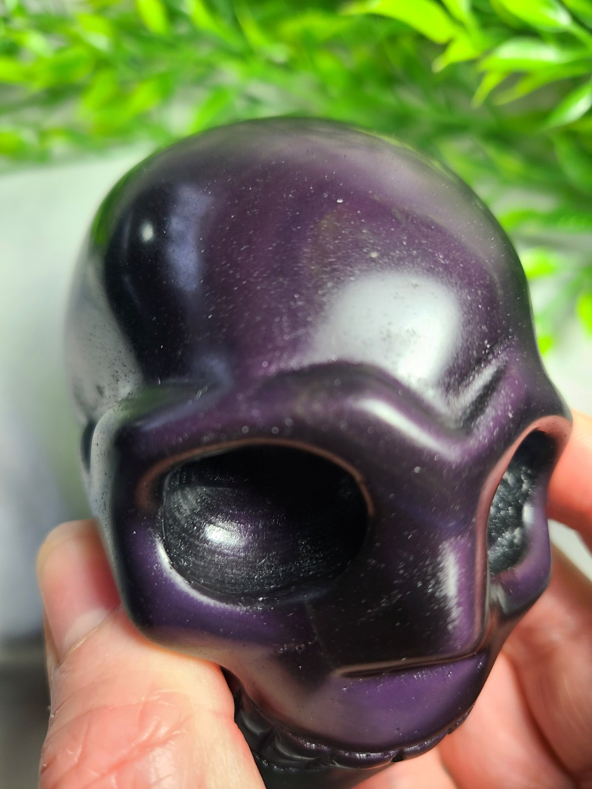 Rare Large 3.6″ 504g Purple Flash Rainbow Obsidian Skull Head Crystal Carving