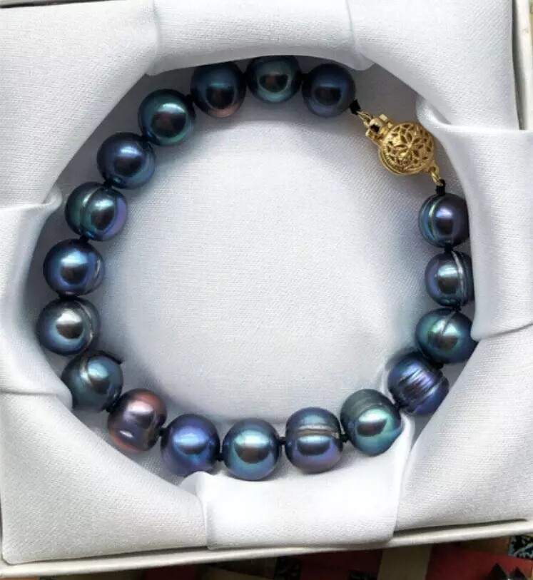 HOT GENUINE NATURAL 9-10MM Baroque Tahitian Black PEARL BRACELET 14K Gold 7.5-8″