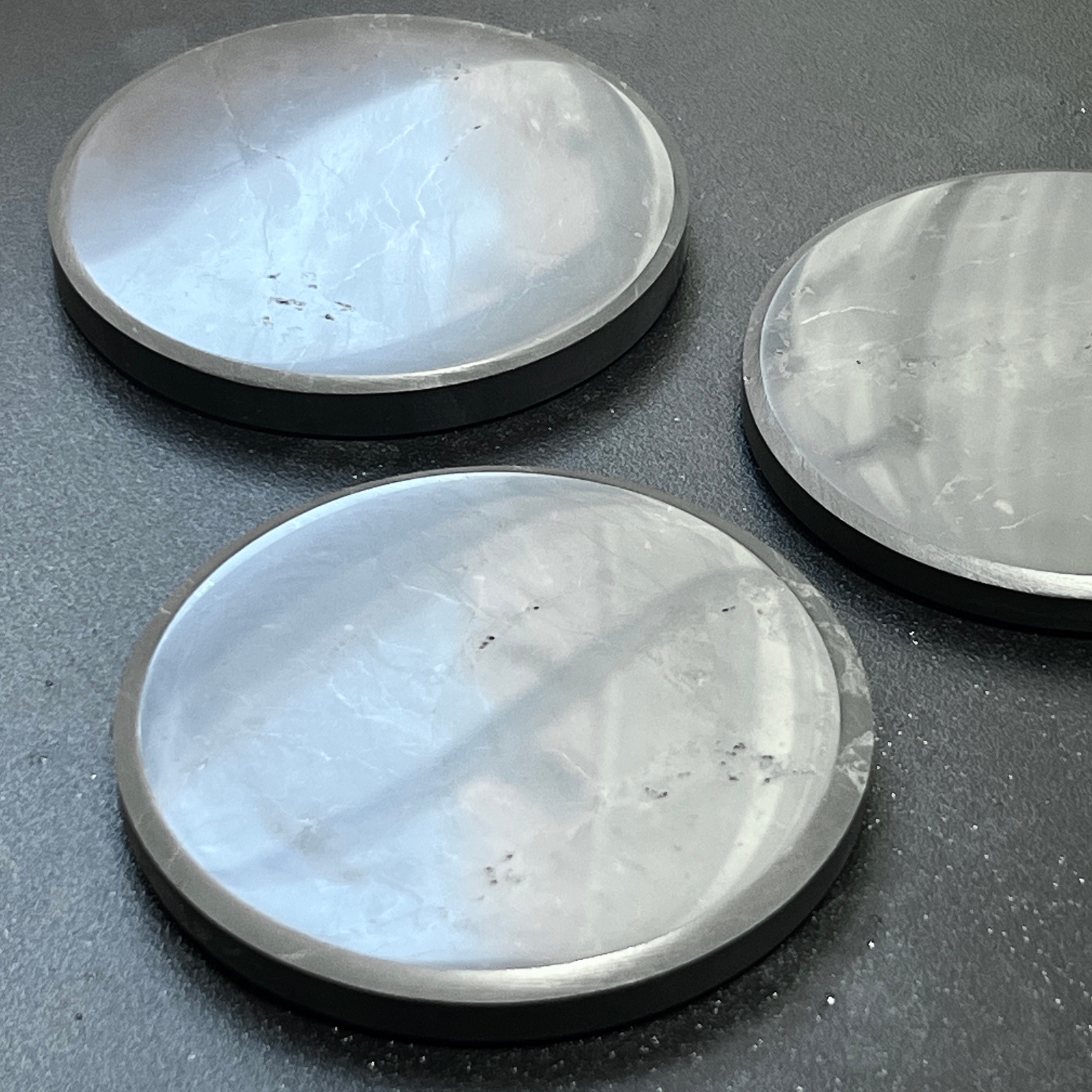 Black Shungite Polished Coaster (3.5 Inch) Circle Plate Polished Carving Russian
