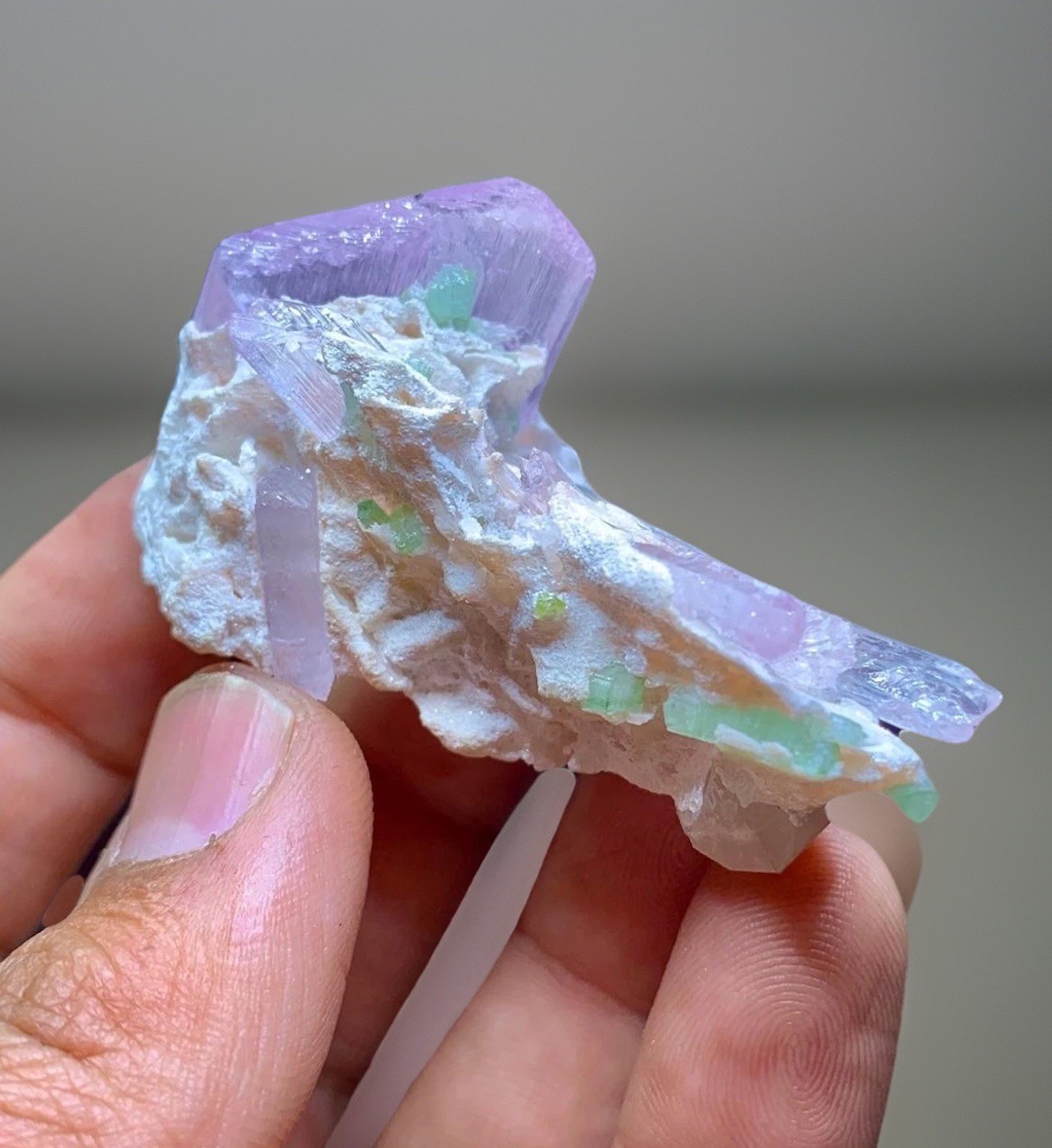 Pink Kunzite Etched Crystal Combine Green Tourmaline Specimen, Anniversary Gift