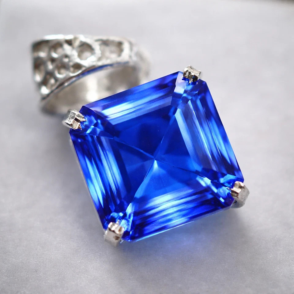 23 Ct Natural Emerald Shape Blue Sapphire 925 Silver Pendant IGL Loose Gems 6LHJ