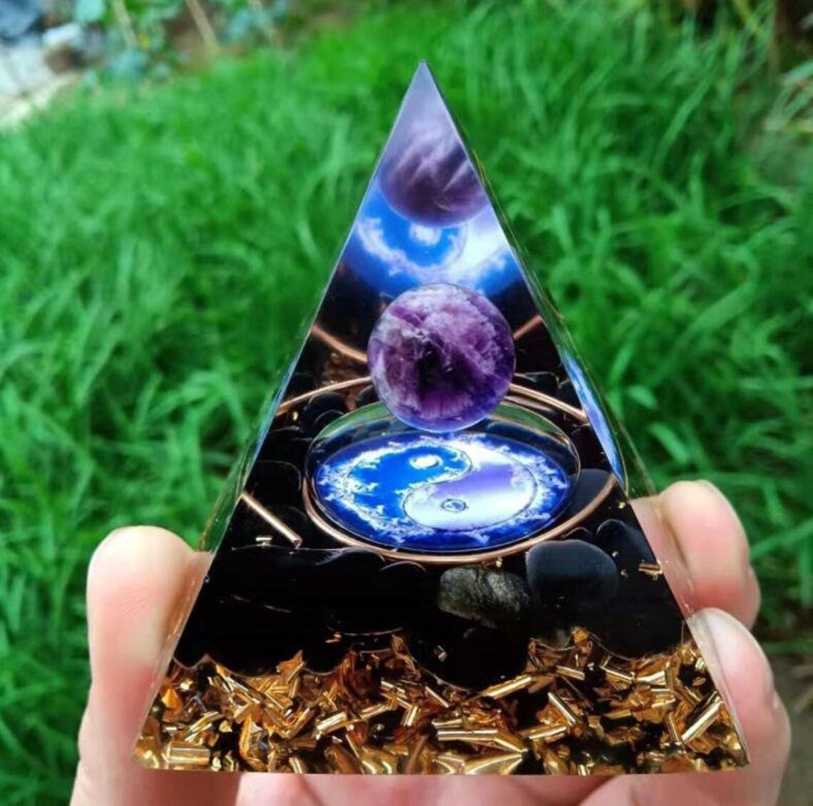 Amethyst Sphere Orgonite Pyramid Crystal Obsidian Meditation Orgone Pyramid