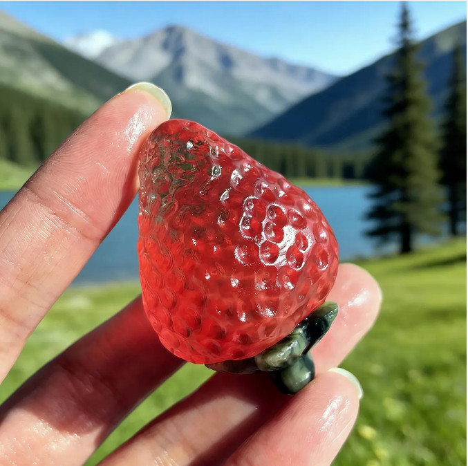 Hand-Carved Red Smelted Quartz Strawberry Statue, Sweet Table Decor, Healing 1pc