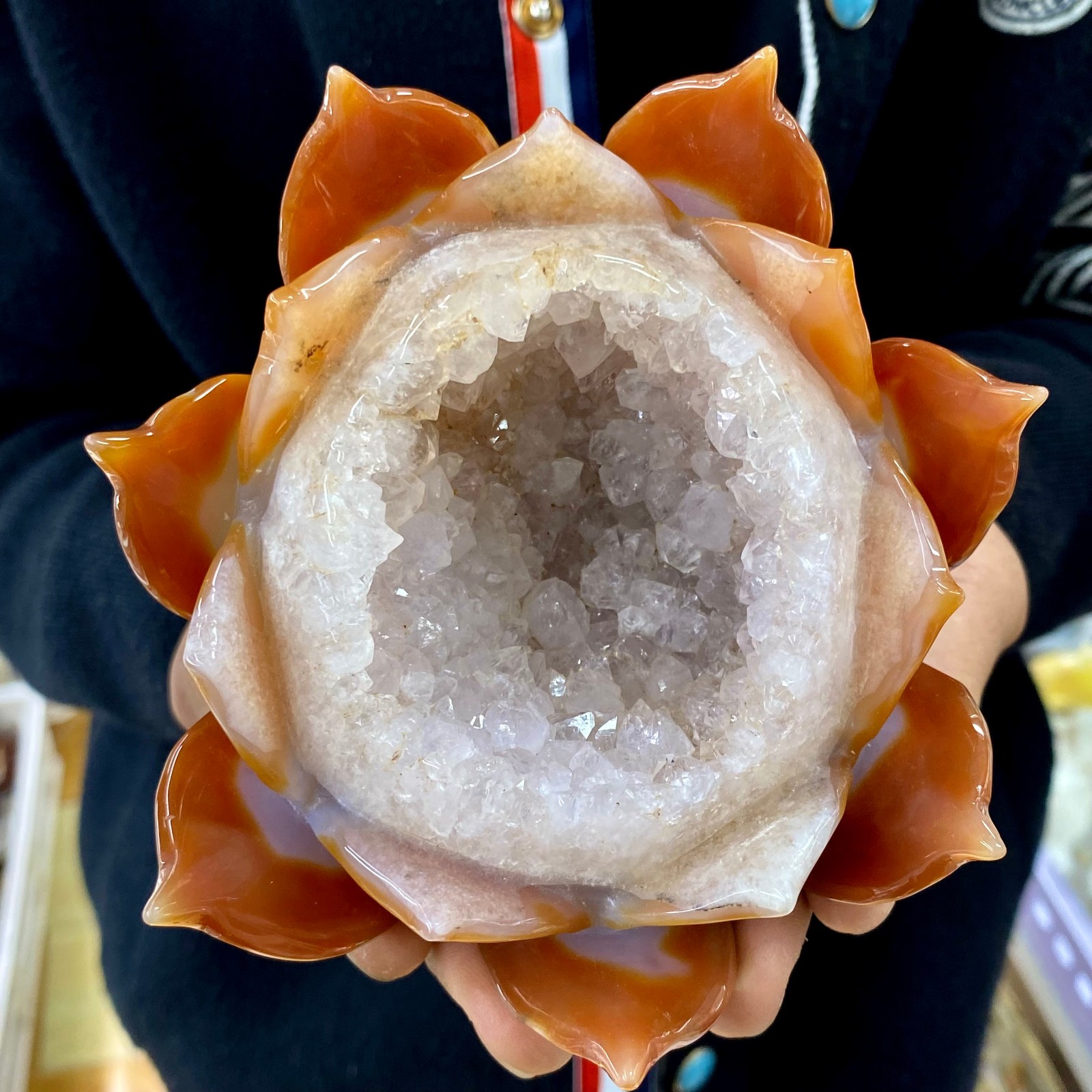 1.96LB Natural Agate Geode Carved Lotus Flower, Hand Carved Healing Crystal Home