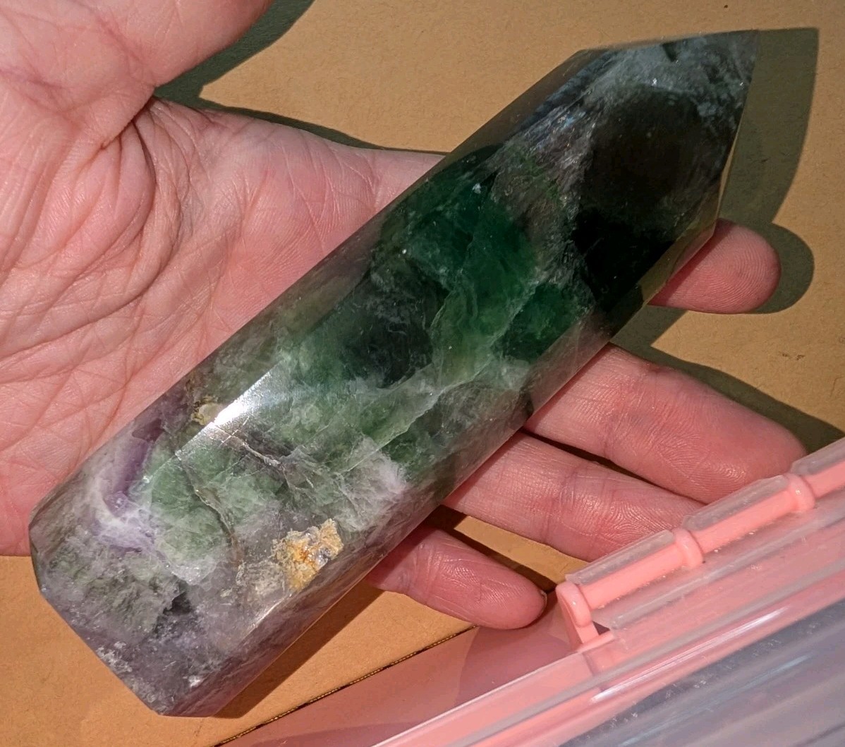 322g Natural Green “Rainbow” Fluorite Obelisk Crystal Wand Tower, 1 PC.