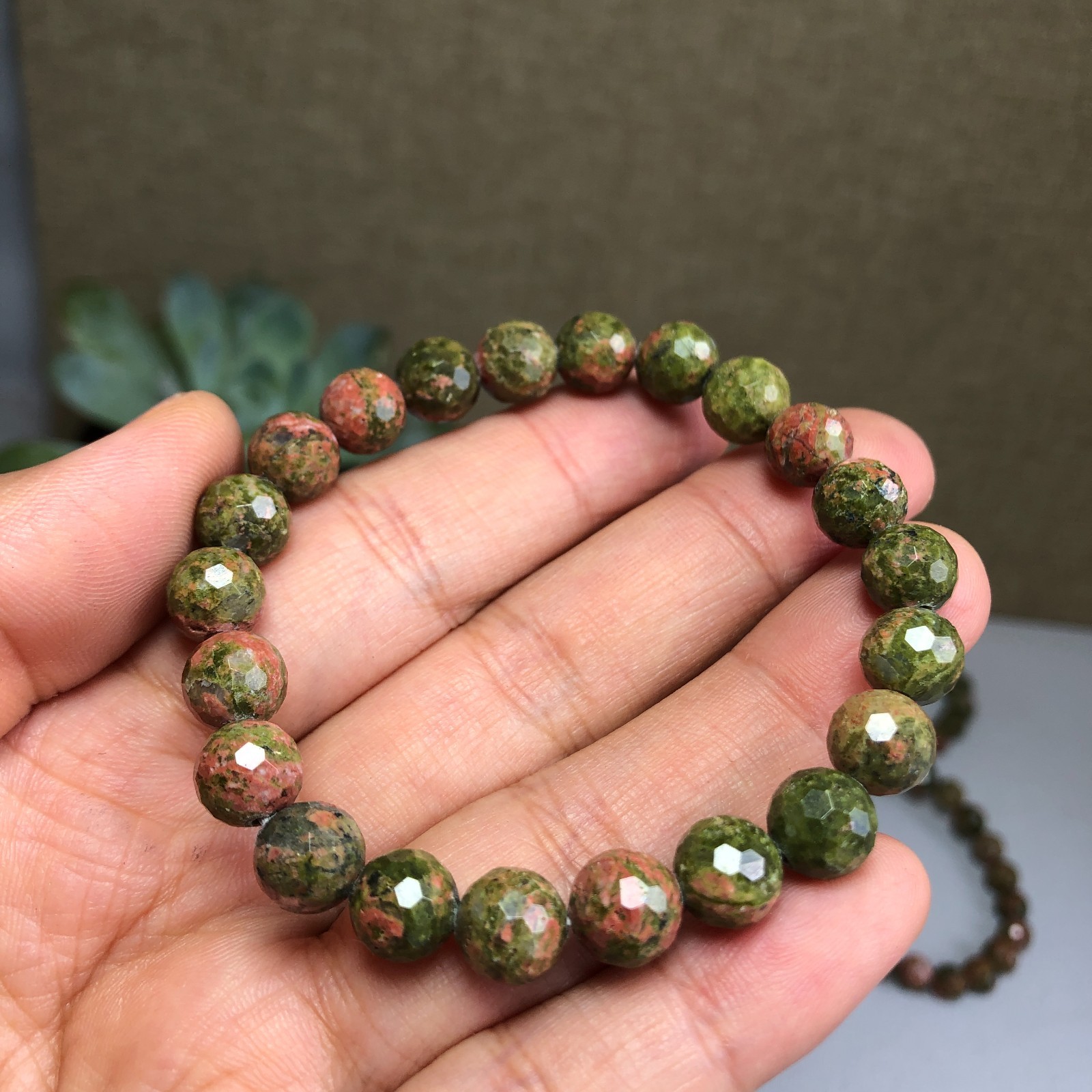 5PcsWholesal Natural Unakite Agate Stone bracelets Crystal ball sphere facet 8mm