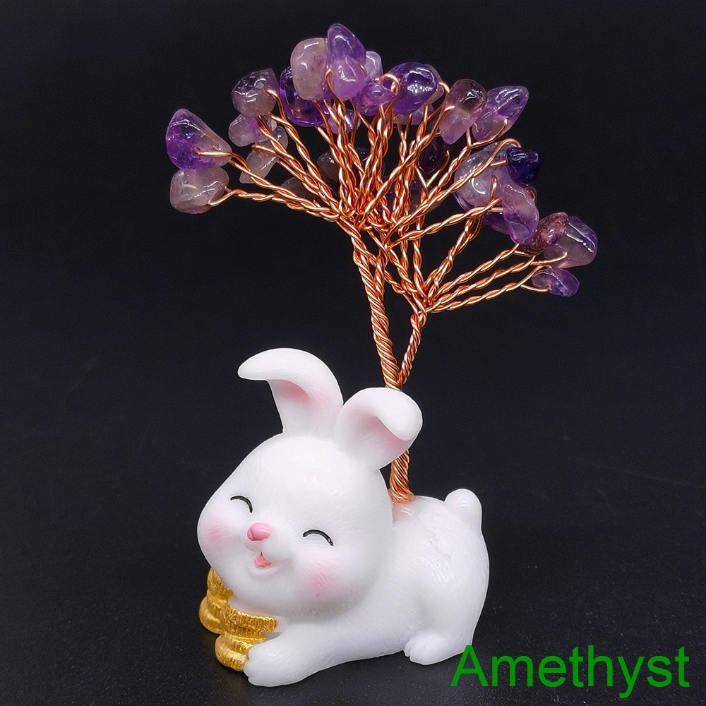 Mini Crystal Money Tree Copper Wire Wrapped Rabbit Base Healing Yoga Feng Shui