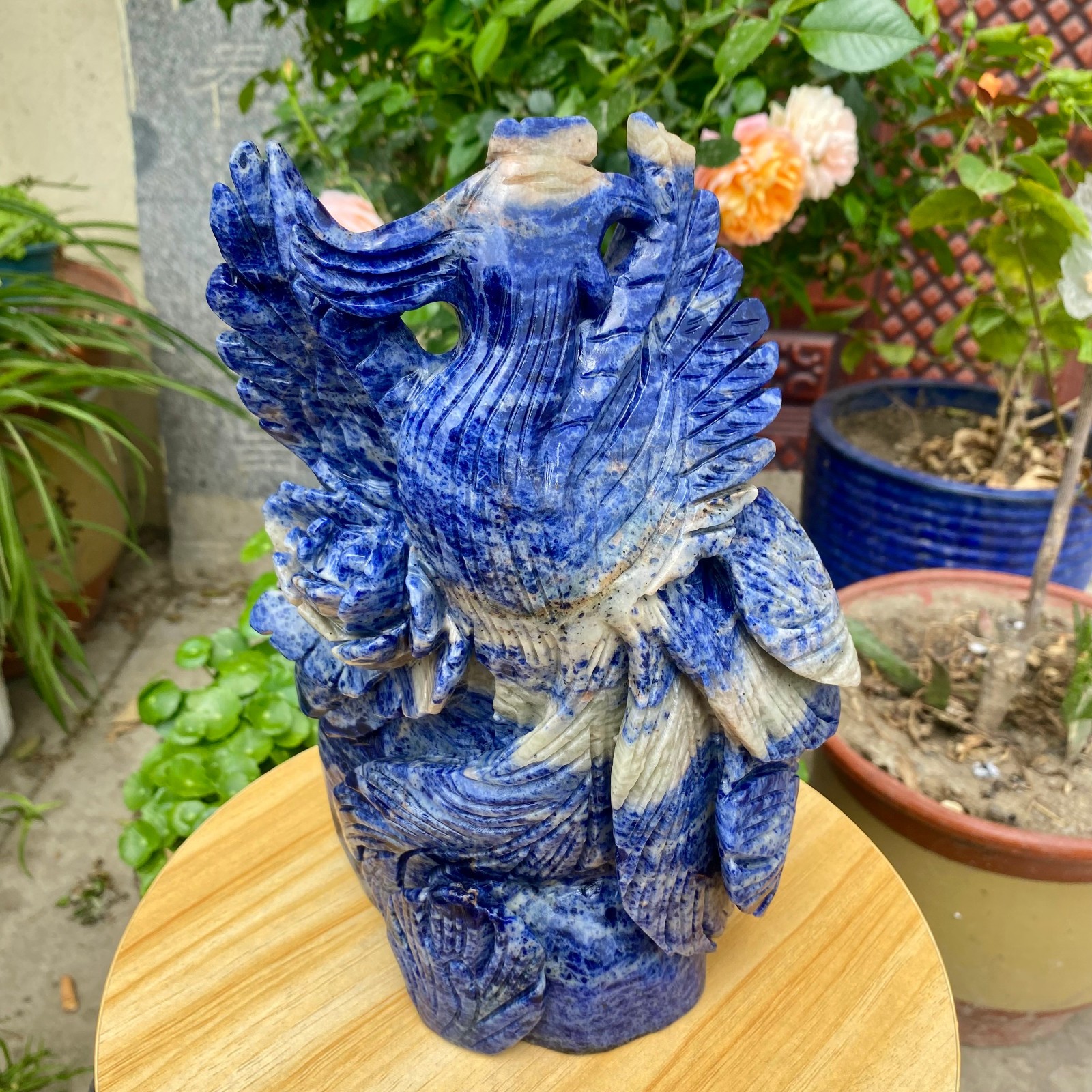 7.05LB Natural Blue Vein Stone Phoenix Carving, Home Decoration