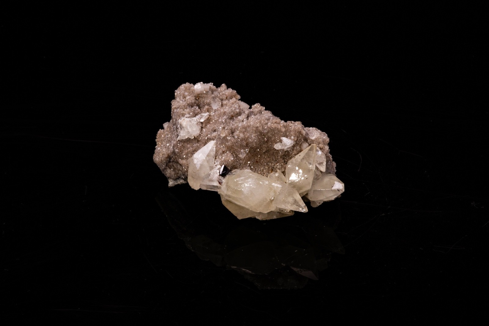 Elmwood Mine Tn, Multiple Double terminated Calcite Crystals on Limestone base