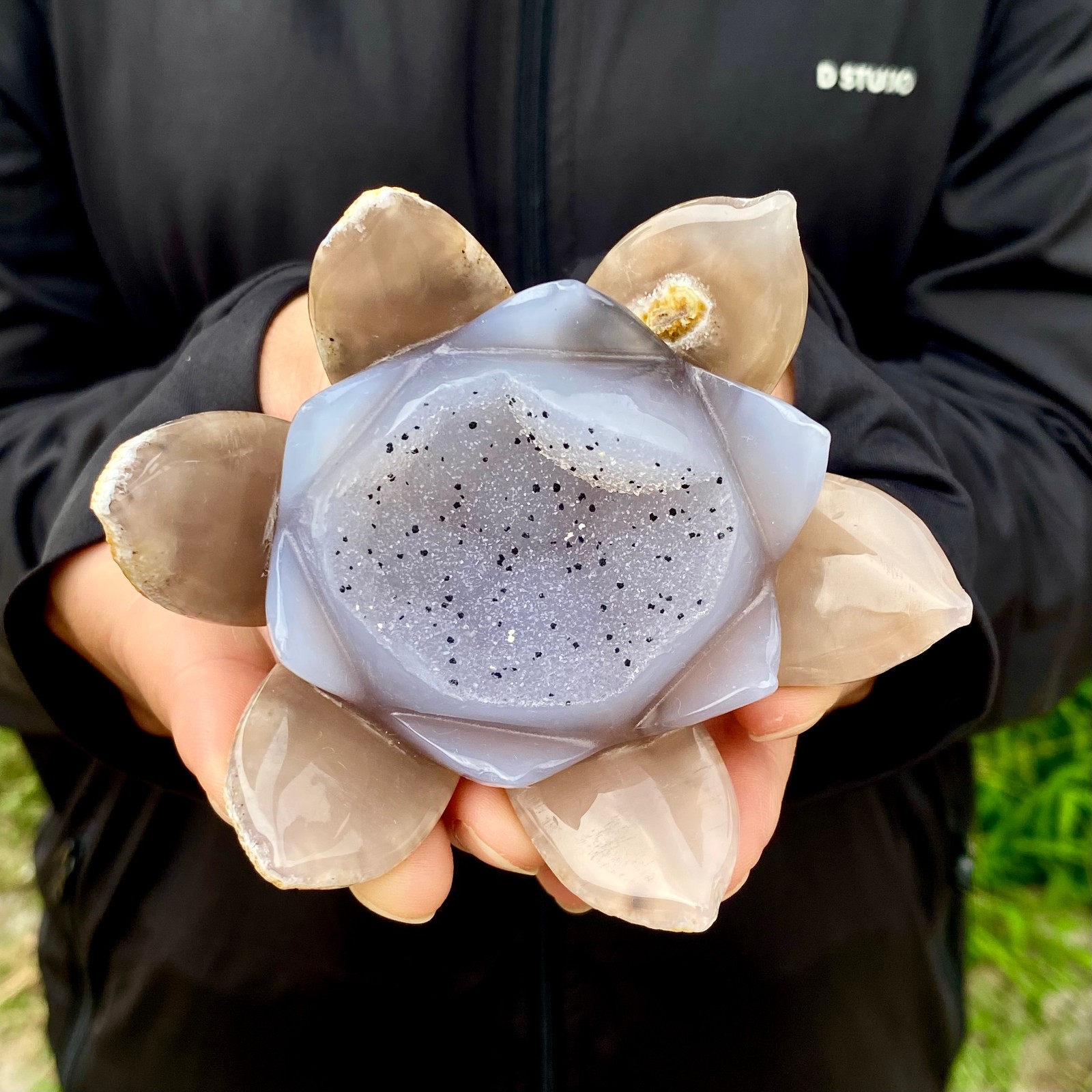 215G Natural Agate Geode Carved Lotus Flower, Hand Carved Healing Crystal Home D