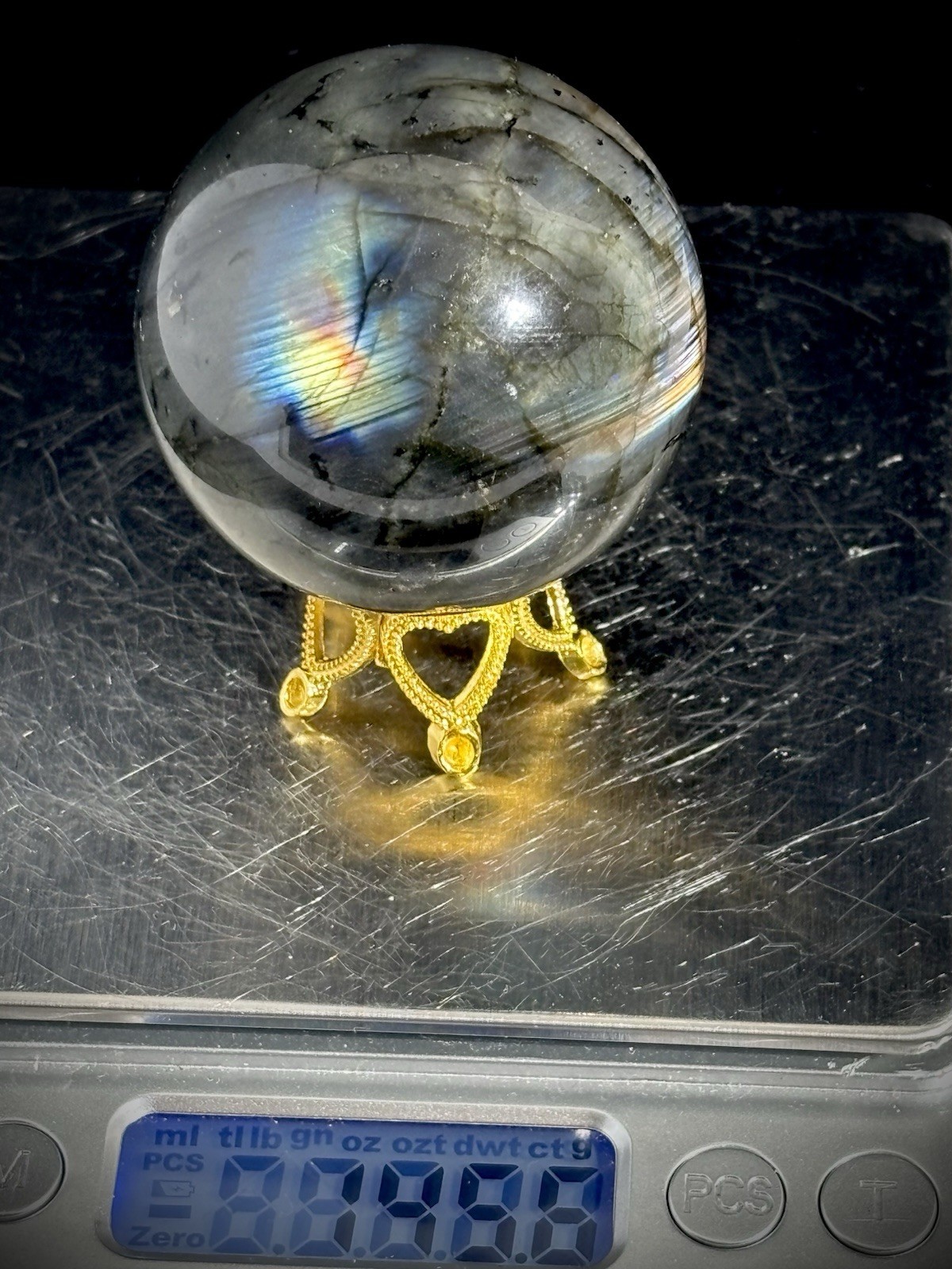 Rainbow Purple Flash Labradorite Sphere Crystal Ball Stunning Gem Stone + Stand