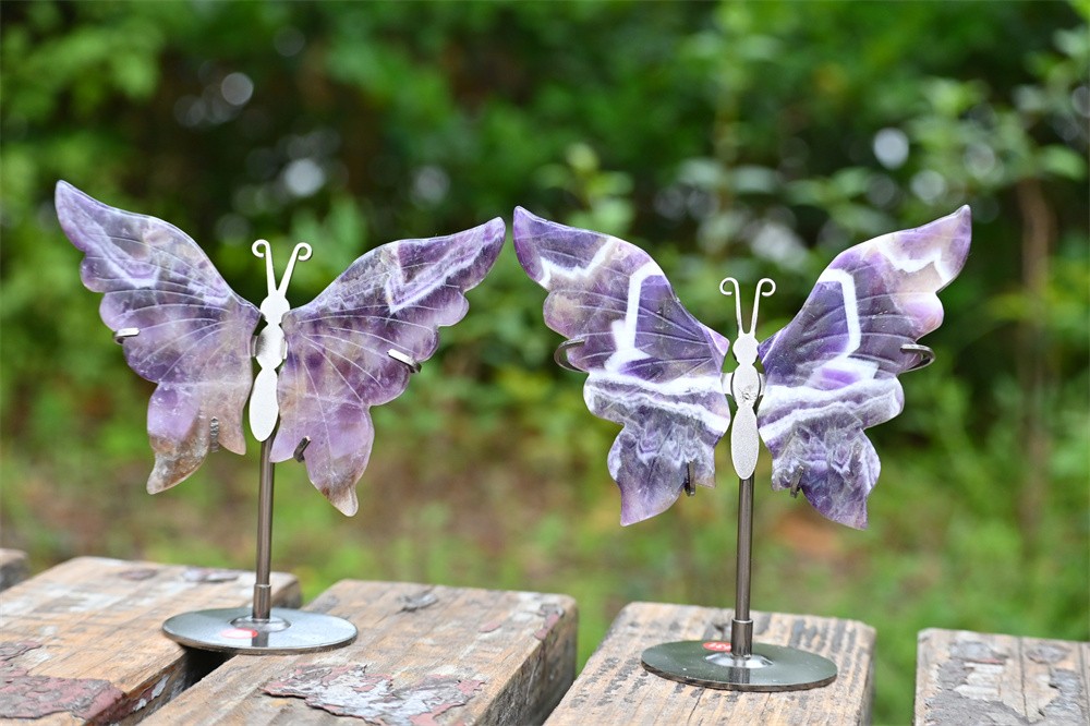 5.2” A pair Natural Dream Amethyst Butterfly Wing Reiki Crystal Skull Decor
