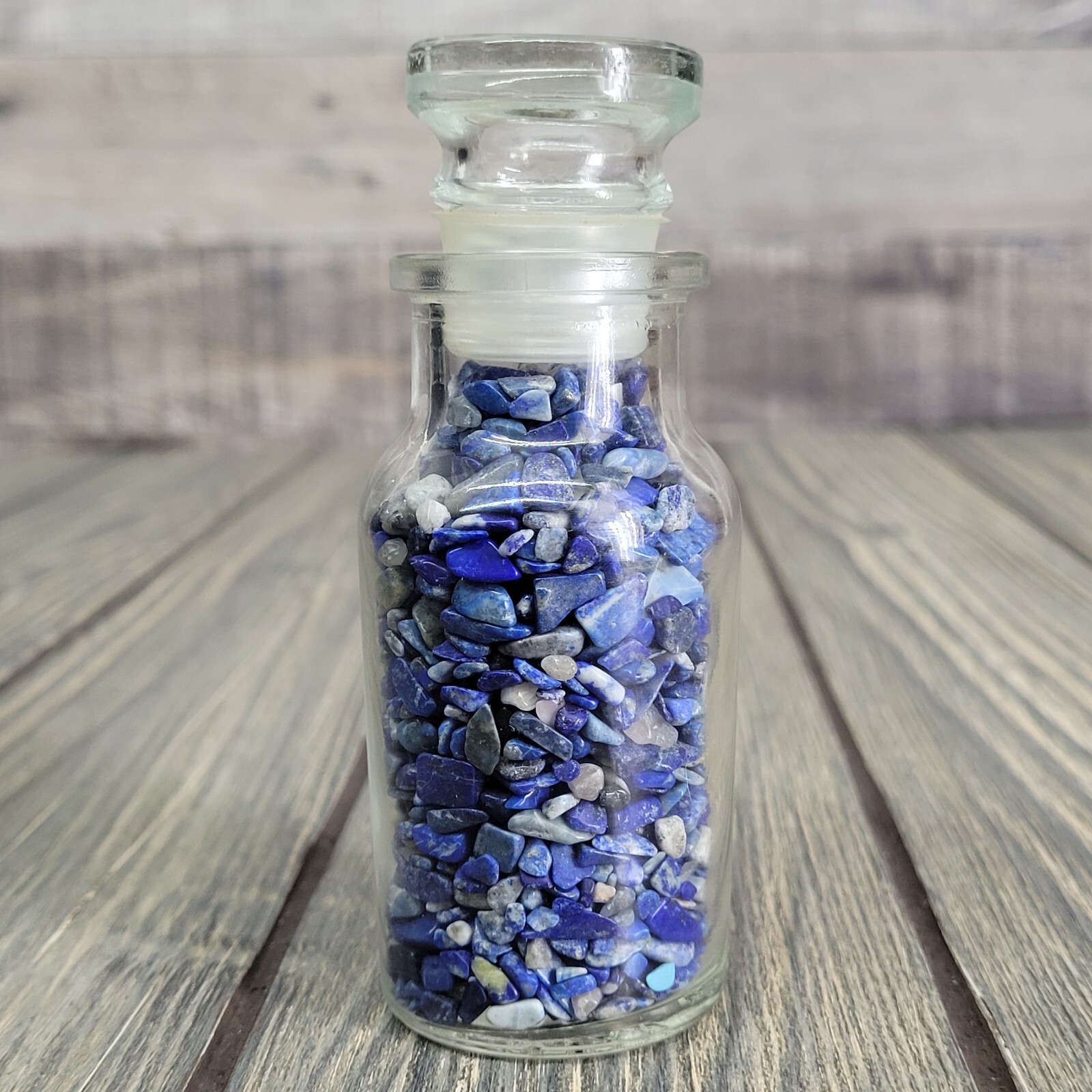 Lapis Lazuli Crystal Chips 4oz in Vintage Apothecary Glass Spice Jar Tumbled EUC