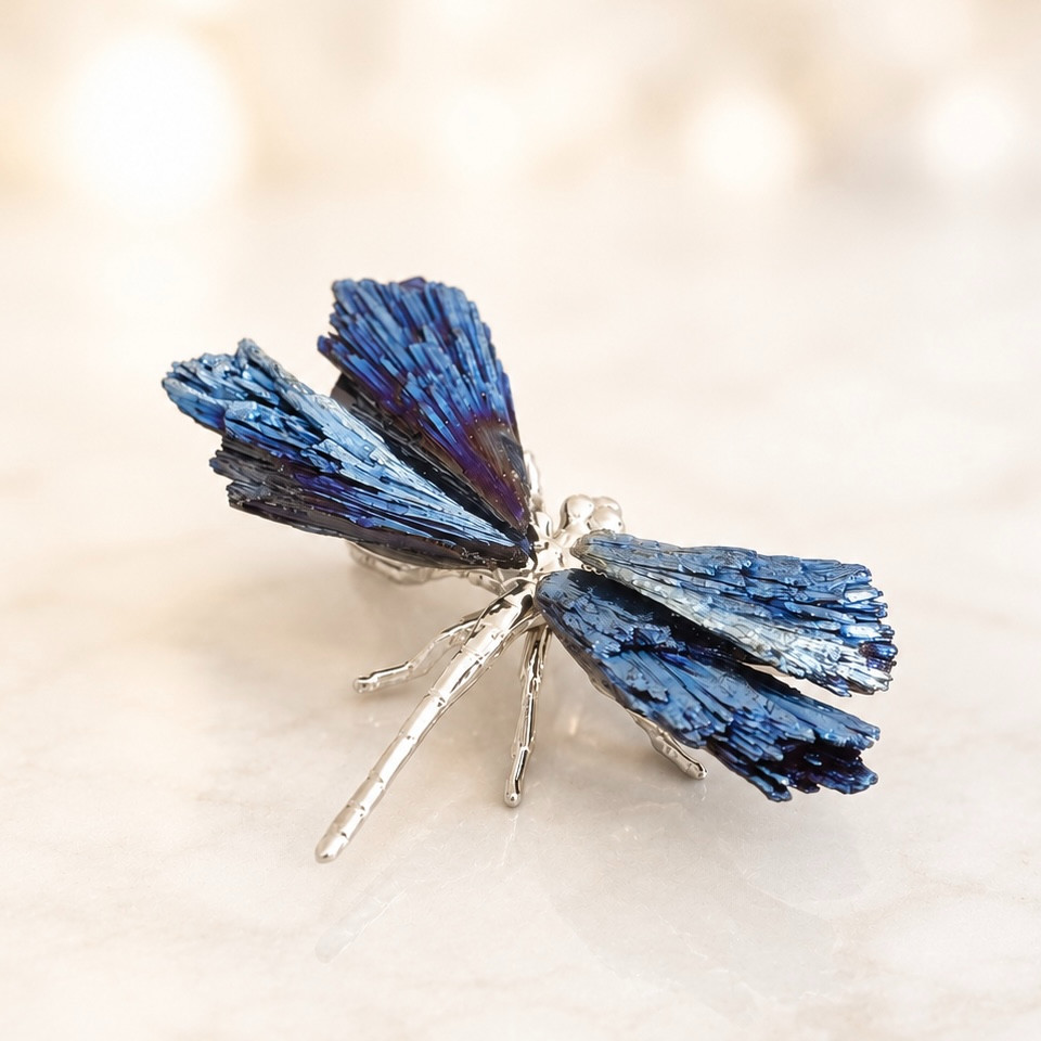 Handmade Blue Kyanite Dragonfly Gold Tone Metal Crystal Figurine Boho Art 3 Inch
