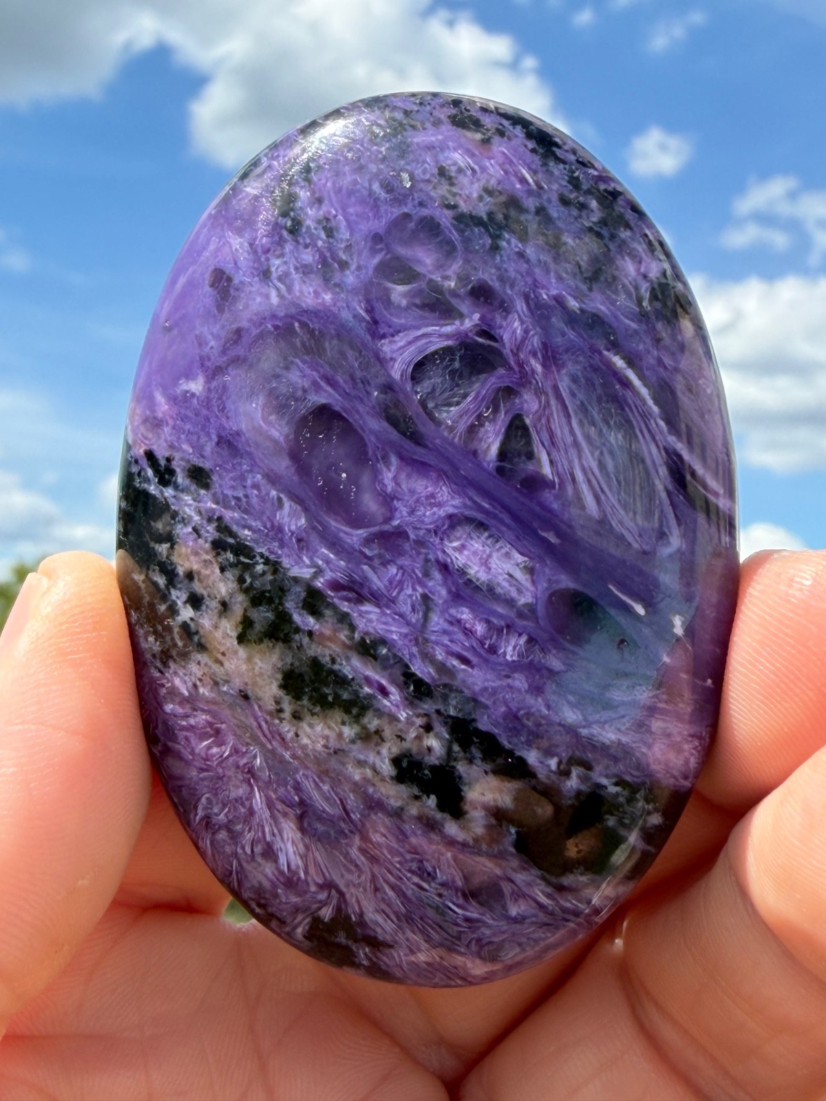 Charoite Polished Gemstone Large Palmstone 2 5/8″ 90 Grams Colored By Nature.