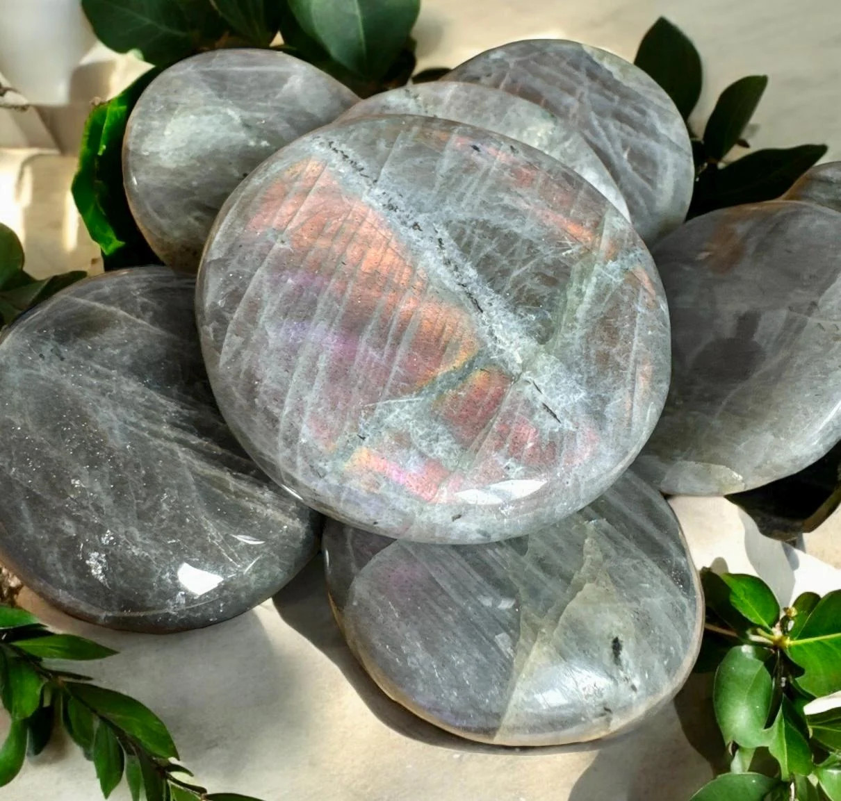 Sunset Flash Labradorite Flat Worry/Palm Stone: Vivid Pink, Purple & Orange