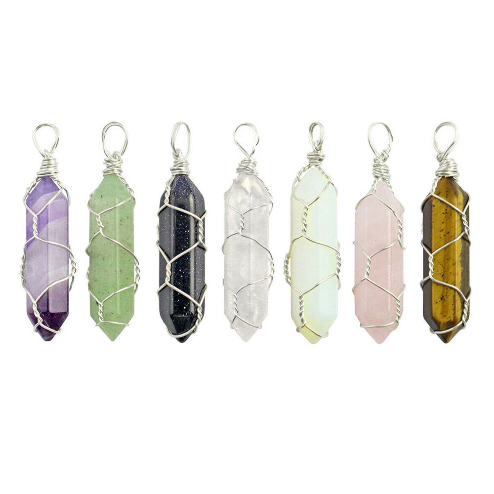 14PCS Chakra Natural Gold+Siver Wire Wrapped Stone Crystal Quartzs Point Pendant