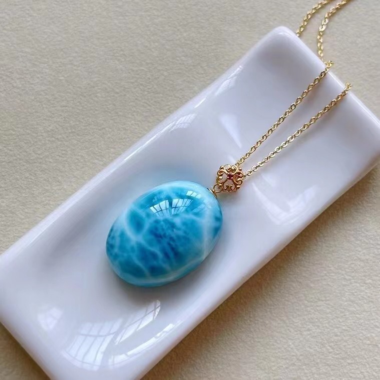 Genuine Natural Blue Larimar Gemstone Elliptical shape Lady Pendant AAAAA18K