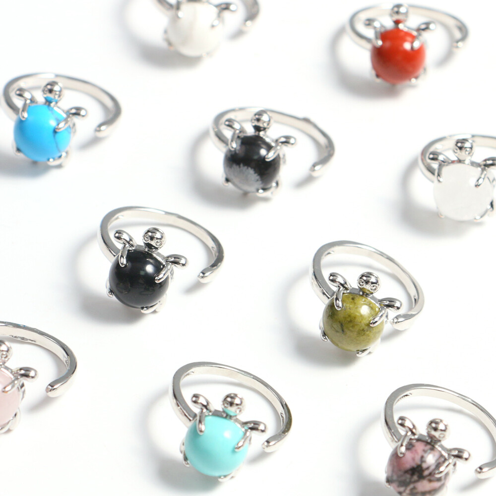 Mini Turtle Ring Natural Crystal Stone Chakra Quartz Round Bead Healing Reiki
