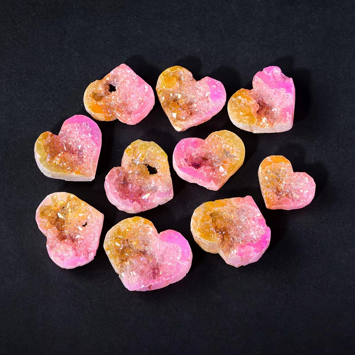 Titanium Aura Yellow Pink Cluster Heart Crystal Geode Healing Decor Reiki Gift