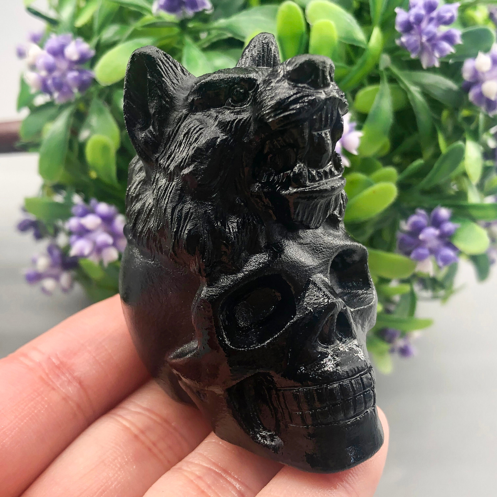 1pc Natural Obsidian Quartz Hand Caved Wolf Skull Crystal Reiki healing gift