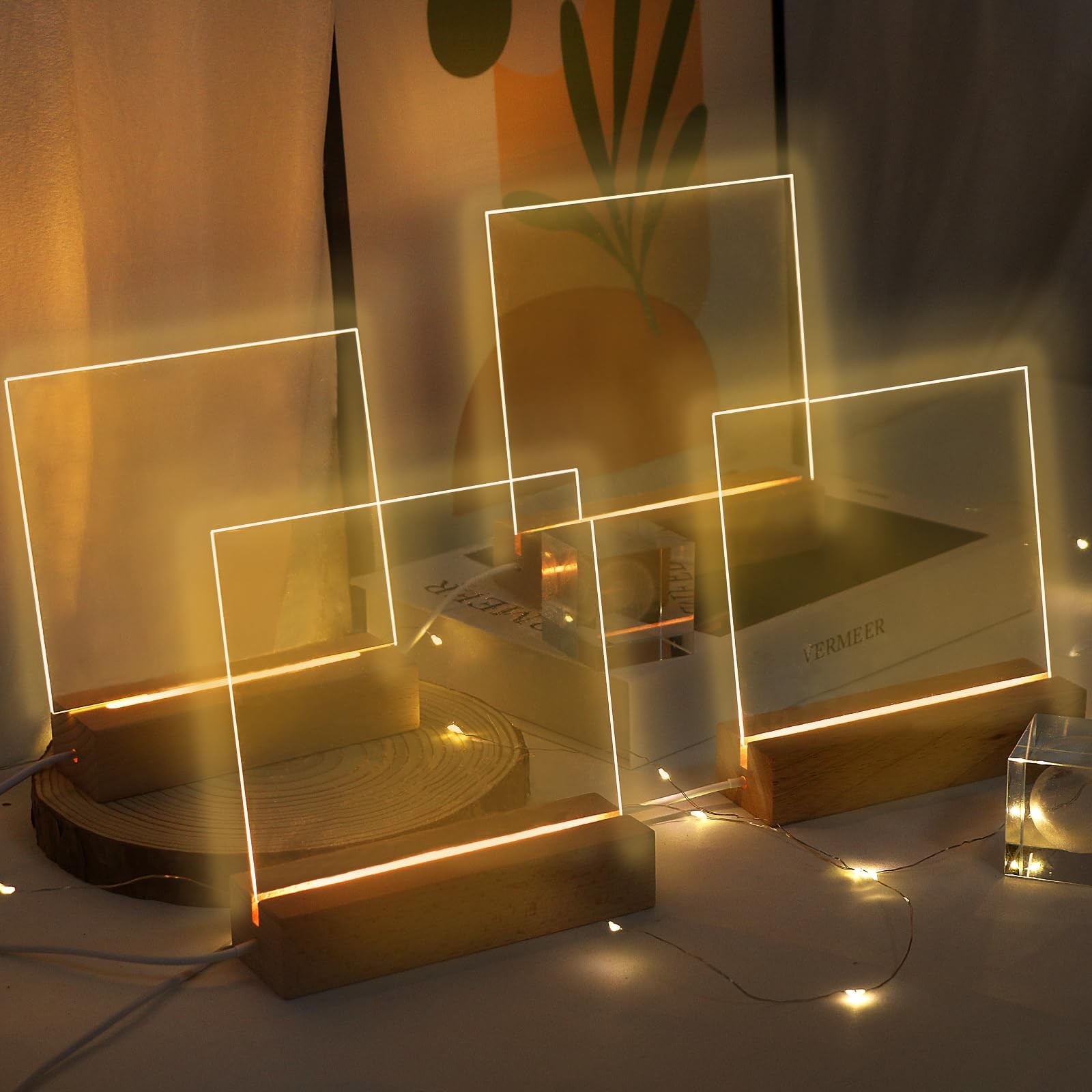 4 Pcs 6” Wooden Light Base With Acrylic Display Boards Led Wooden Bases With Wa
