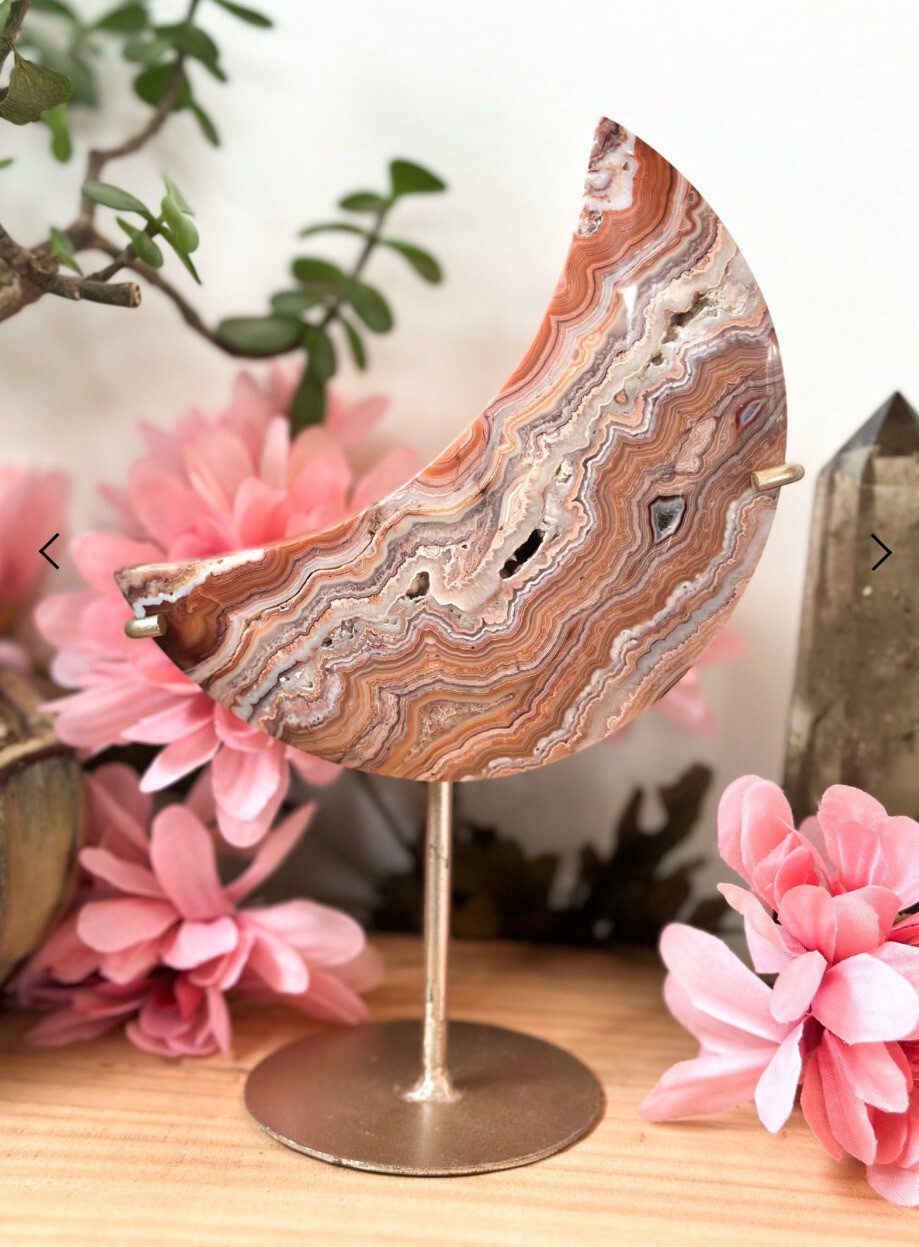 Crazy Lace Agate Moon w/ Black Metal Stand