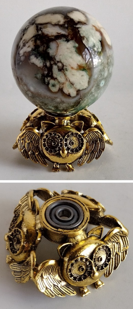Steampunk Owl Crystal Sphere Stand Spinner Rotating Ball Display Holder Gold