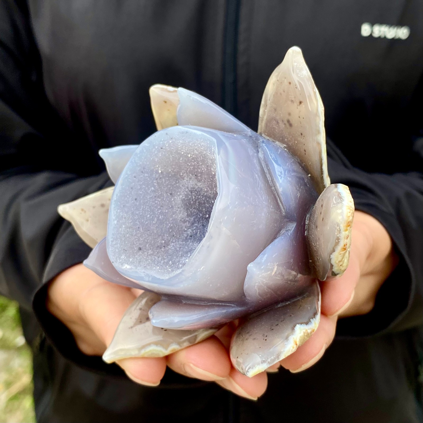 306G Natural Agate Geode Carved Lotus Flower, Hand Carved Healing Crystal Home