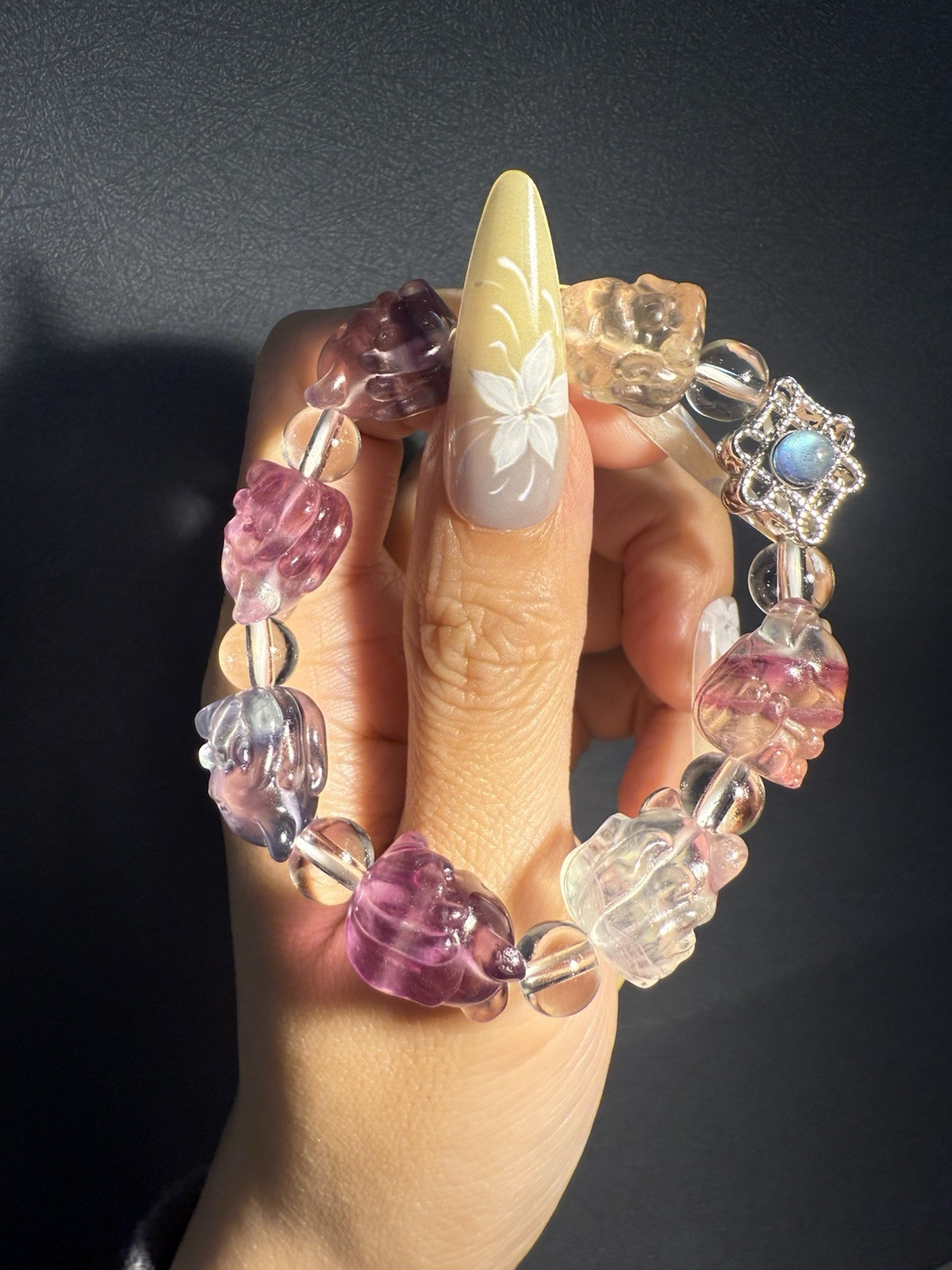 Unique High Grade Natural Fluorite with labradorite Elastic Bracelet /Fox