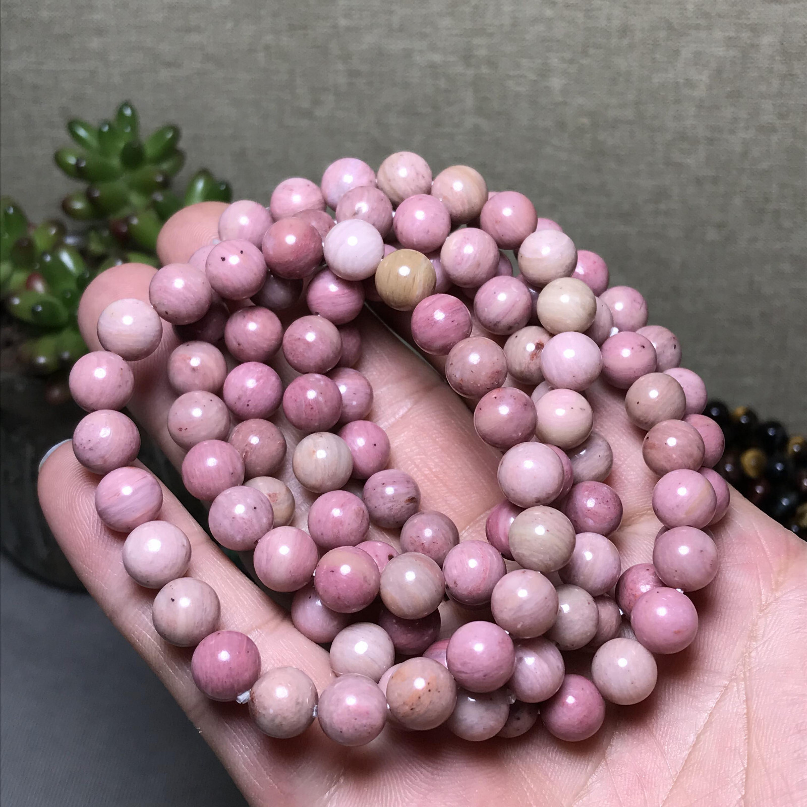 5Pcs Wholesal Natural Redwood pattern Pink bracelets Crystal ball sphere 8mm