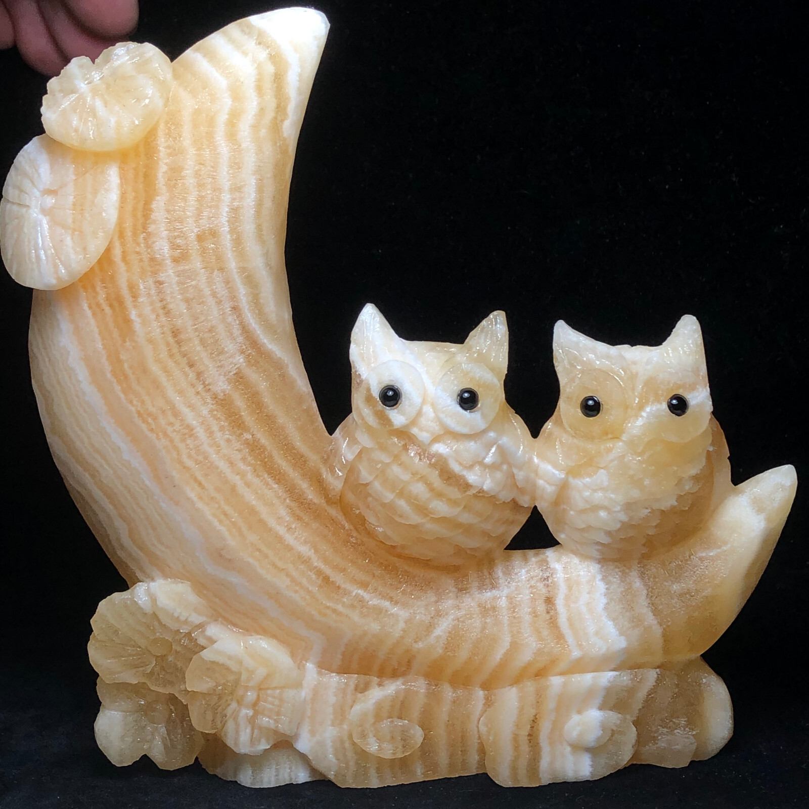 Natural quartz crystal cluster mineral specimen calcite hand-carved moon owl.