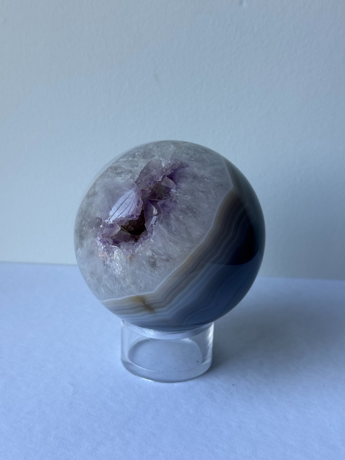 3” Uruguay Agate Amethyst Druzy Geode Sphere 1.4 lb Crystal w/ Stand