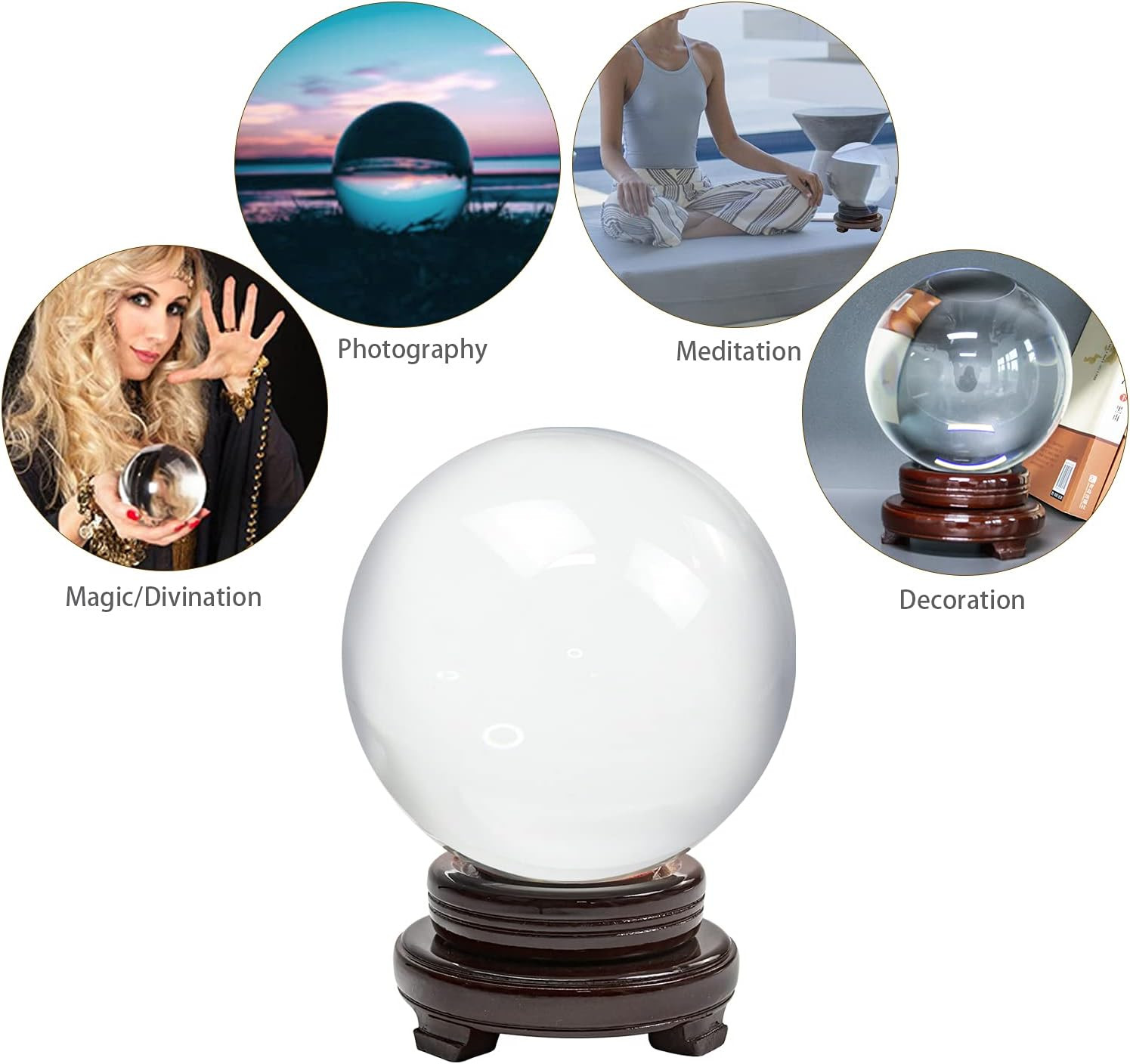 K9 Crystal Ball 6″ with Wooden Stand for Meditation, Divination, and Decor