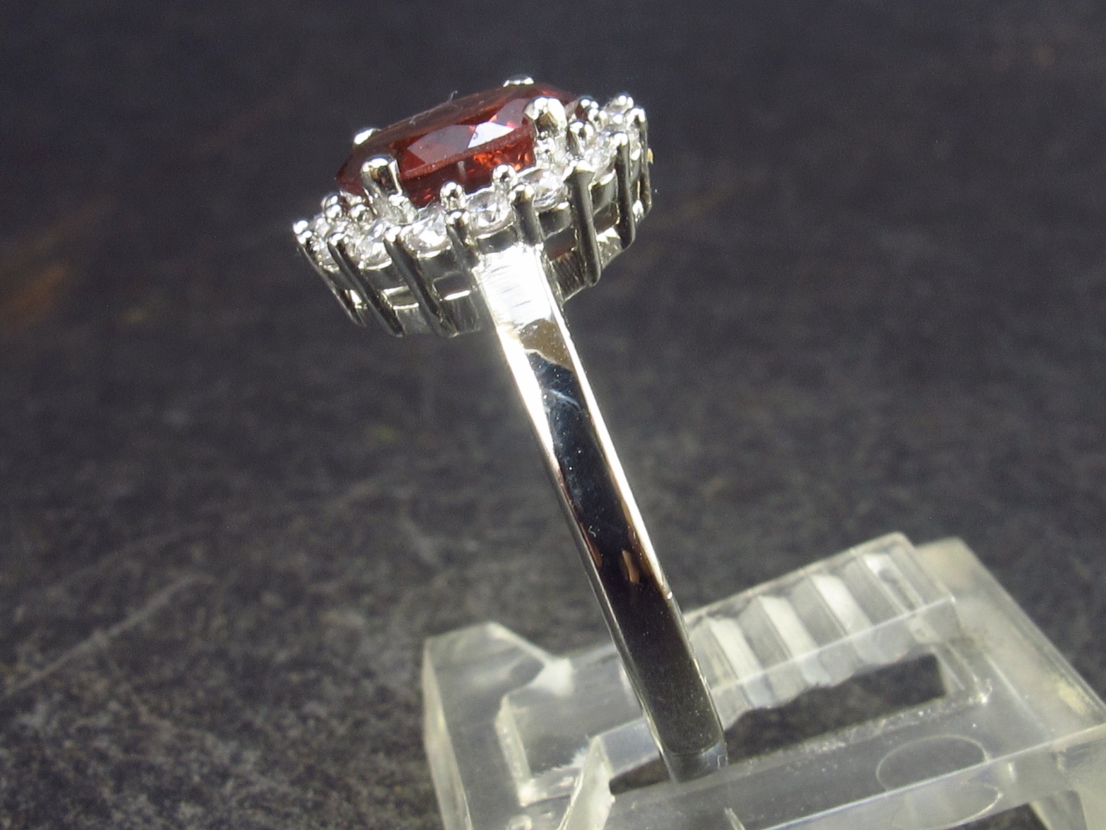Red Garnet Rhodium Plated Sterling Silver Ring with CZ – Size 7 – 2.90 Grams