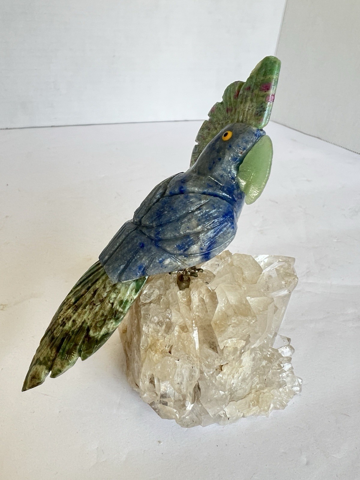 Brazilian Natural Carved Gemstone Bird Cockatoo On Quartz Crystal Geode Decor 5″