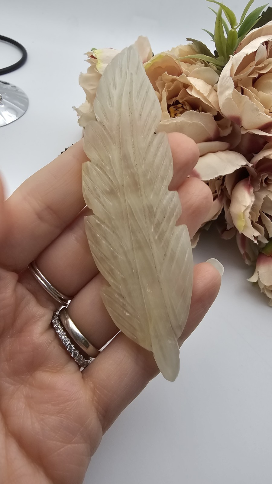Green Calcite Feather Carving crystal 32g 9.8cm opaque