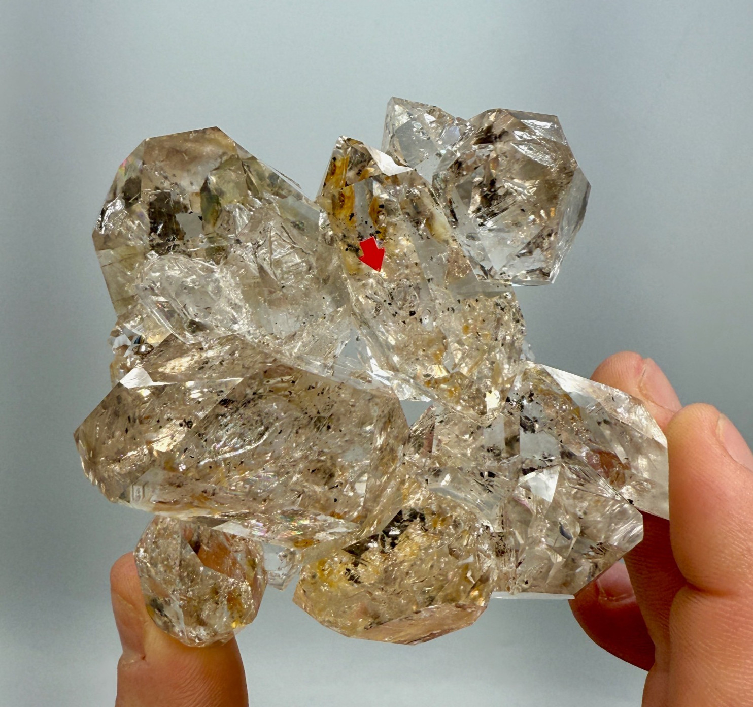320 g Enhydro Herkimer Diamond Gem Cluster w/ Moving Bubble, Smoky Phantoms