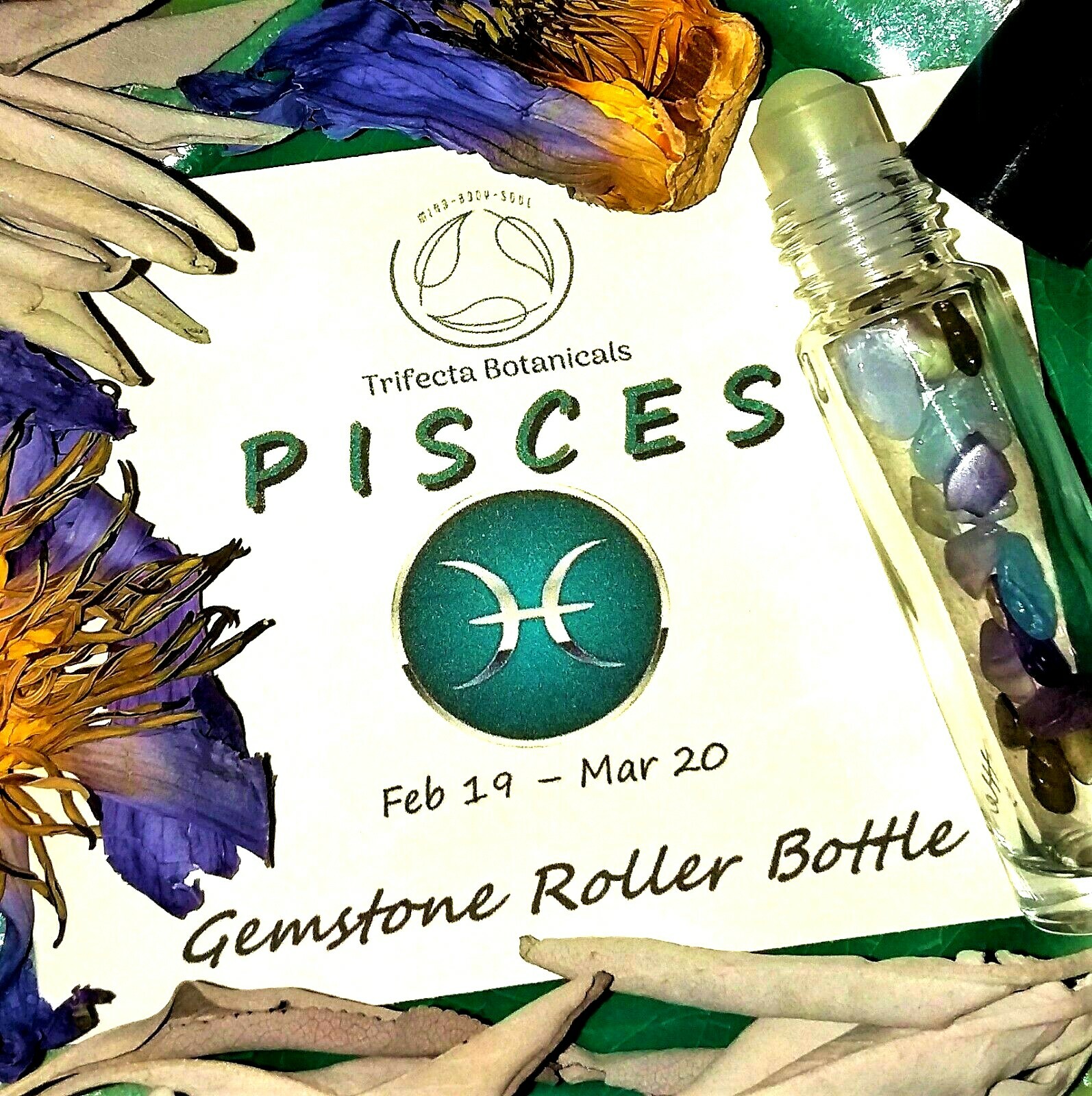 PISCES Zodiac Roller Bottle Crystal Set for Essential Oil Astrology Wicca Gift