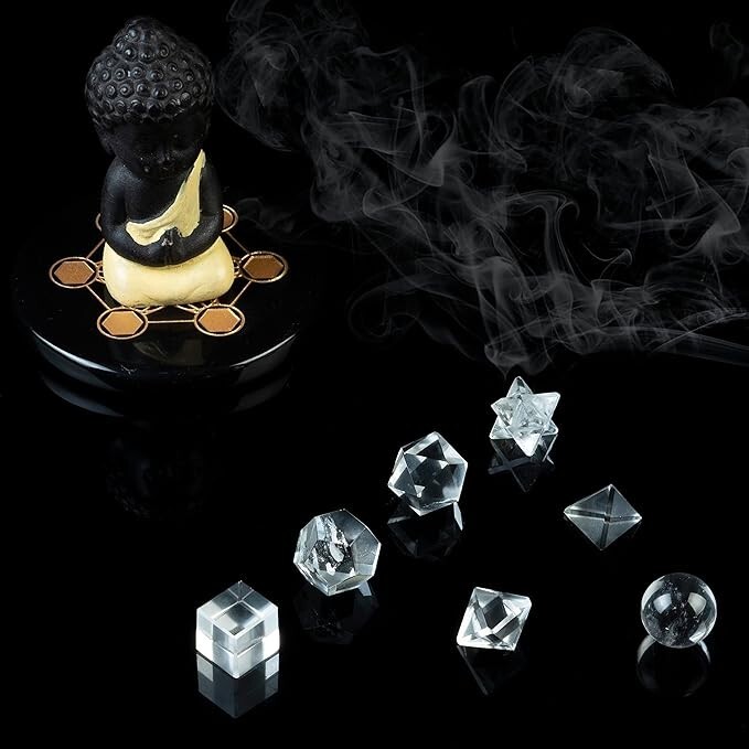 Clear Quartz 7Pcs Sacred Geometry Set Platonic Solids with Wooden Box 15-20MM