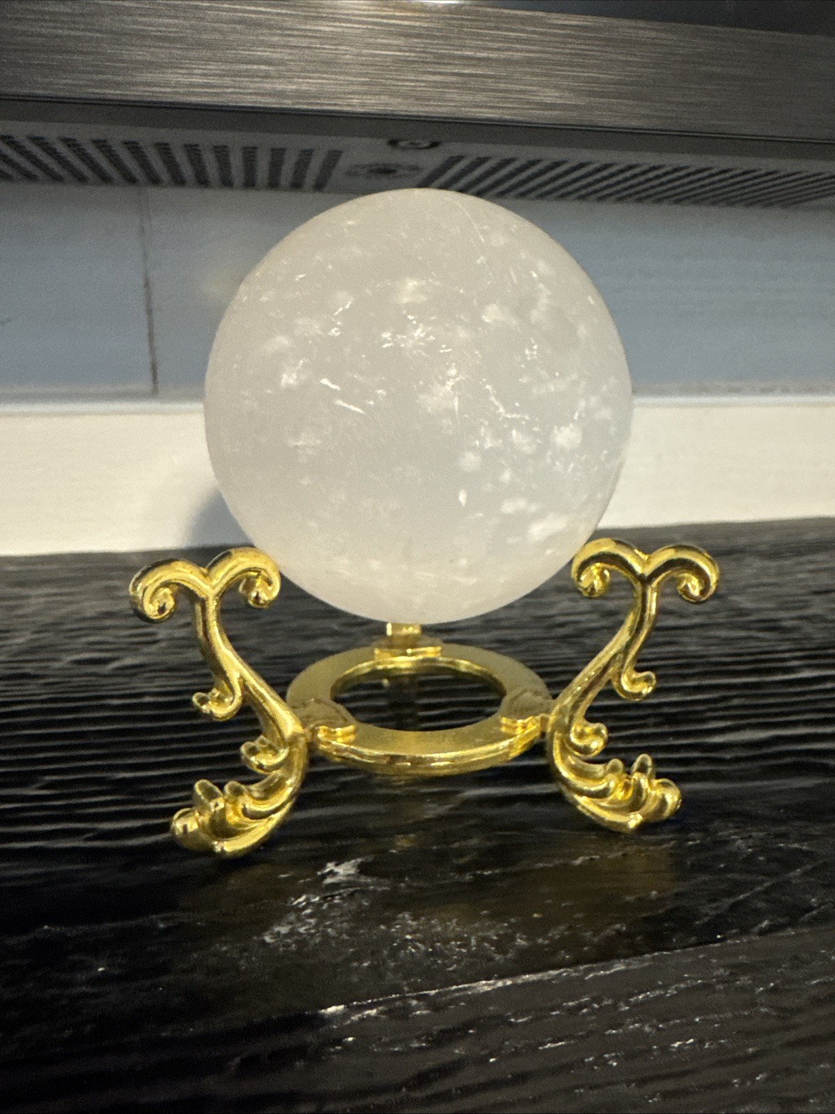 Selenite Crystal Sphere On Gold Metal Stand 226 Grams 22 mm