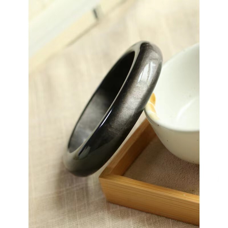 Natural Silver Gray Light Black Obsidian Crystal Power Bangle Inner Diameter 61