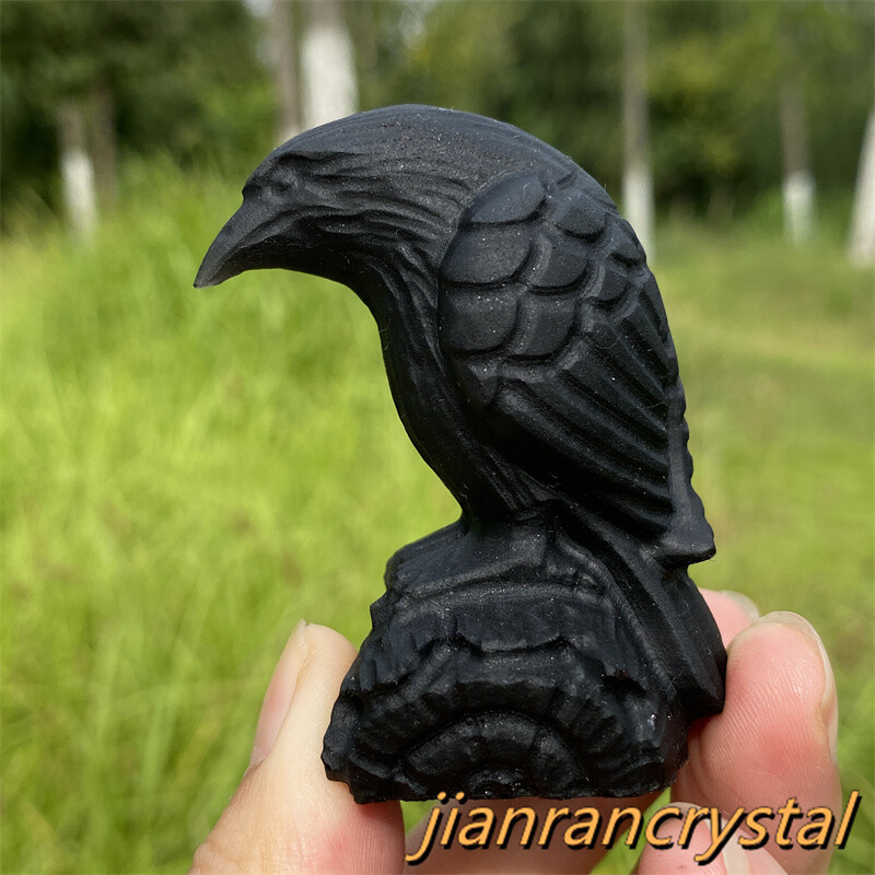 2″ Natural Obsidian Quartz Raven Crystal Animal Carved Crow Skull Healing 1pc