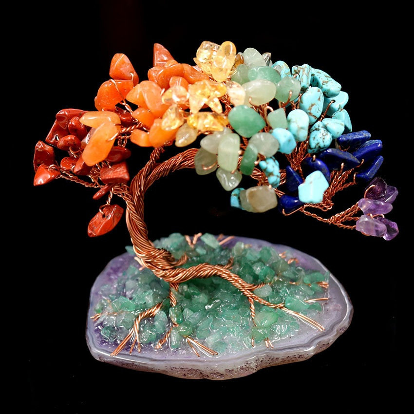 Natural Crystal Tumbled Stones Tree of Life Ornament, Reiki Healing Money