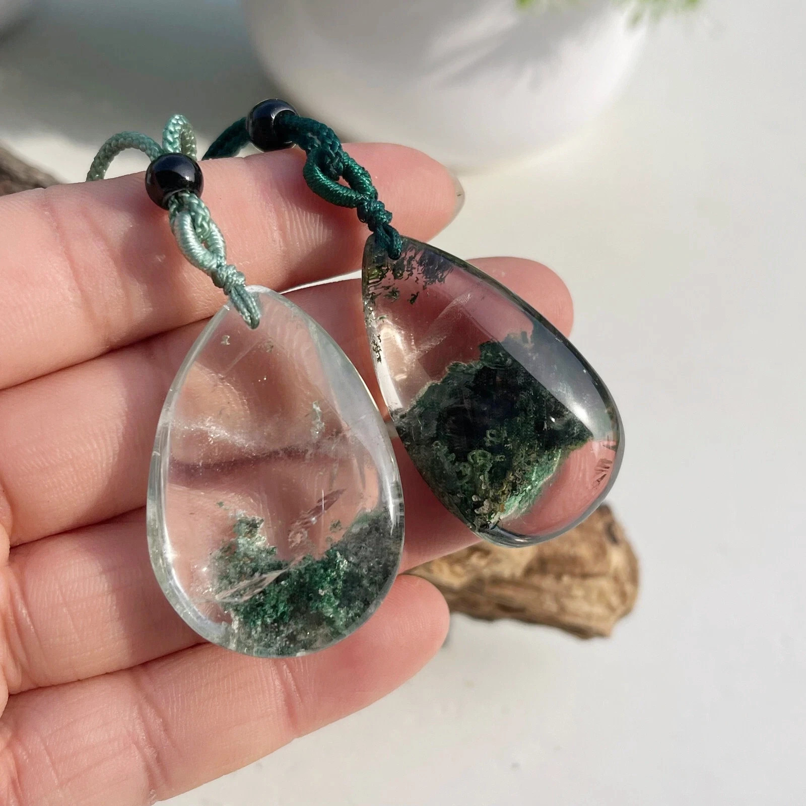 2pcs Natural Ghost Phantom Quartz Crystal Pendant Necklace Chakra Healing Rock