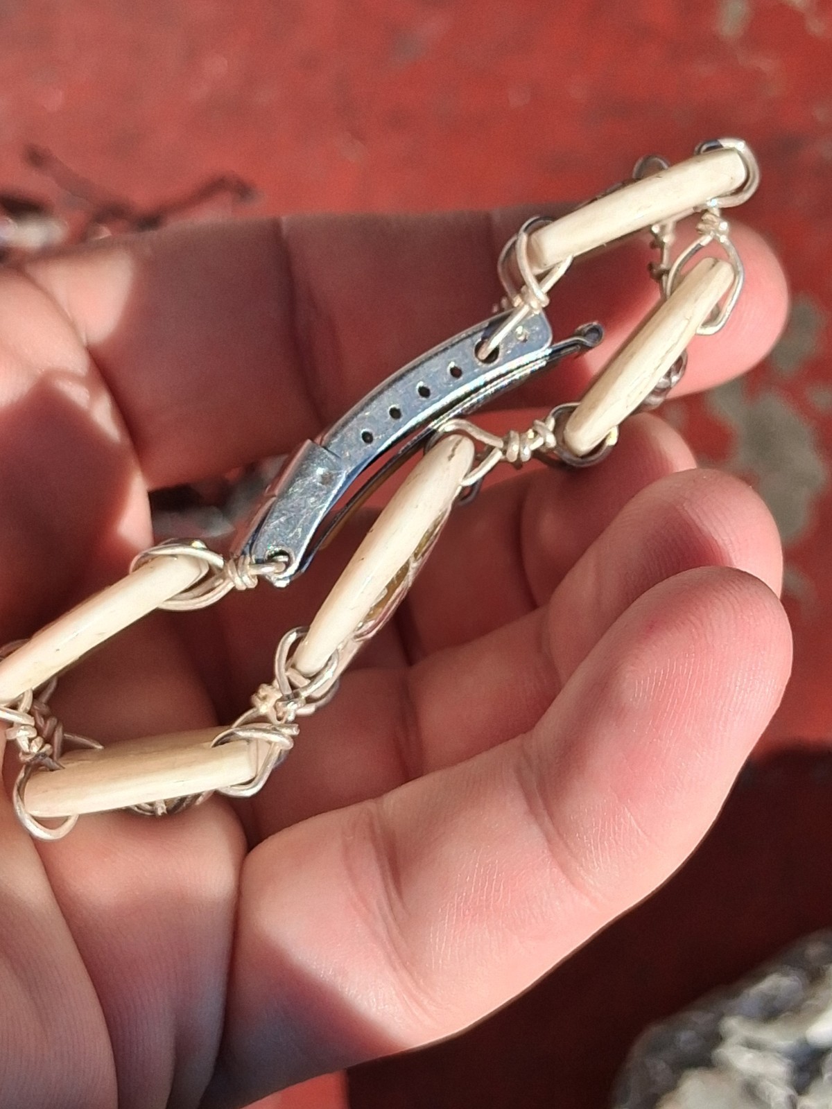 6 Inch Leaf Carved Watermelon Tourmaline In Water Buffalo Bone Bracelet