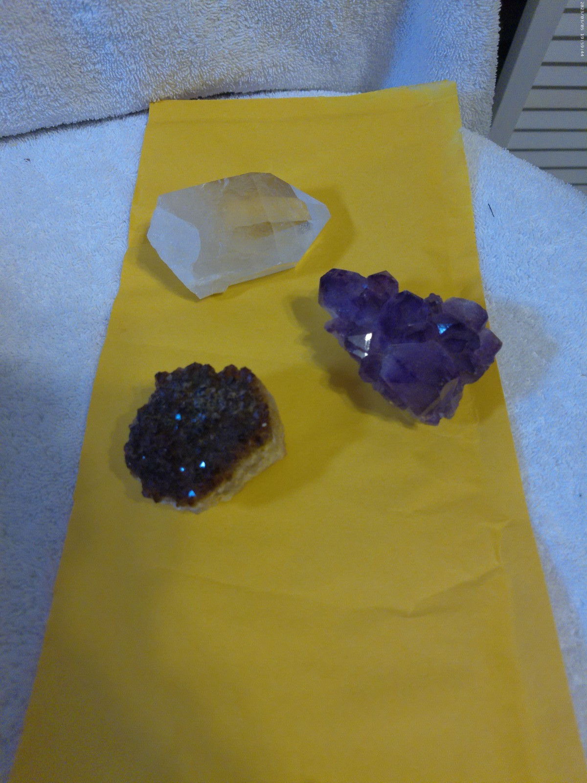 1-8.7 Oz. Piece Of Quartz 1-6.9 Oz. Amethyst 1 5.3 Oz. Garnet (could be Citrine)