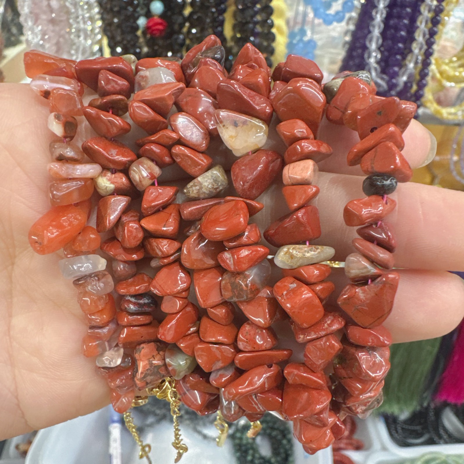 6 Pcs Natural Red Jasper Quartz Crystal Chip Bead Bracelet Chain Adjustable